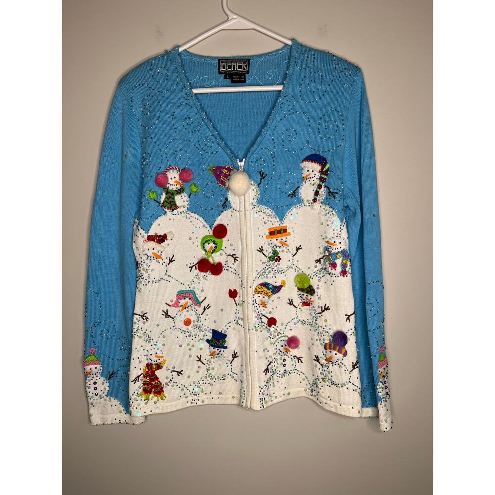 1990s Berek Rainbow Christmas Winter Snowman Sparkle Sequin Full Zip Cardigan L